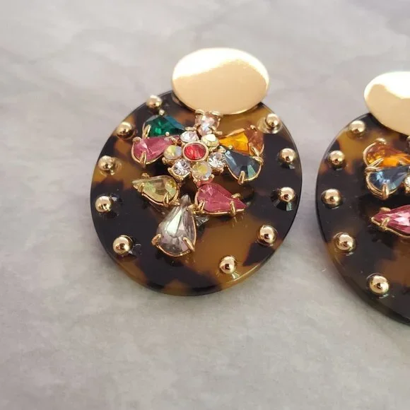 ✨ J.Crew Tortoise Shell Rhinesontes Crystsals Cluster Statement Earrings ✨ - Picture 3 of 13